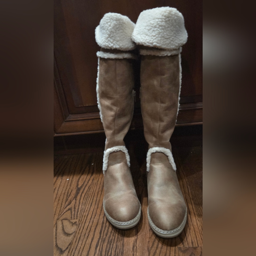 White Mountain Brown Knee-High Boots with Cream Trim - Picture 10 of 14